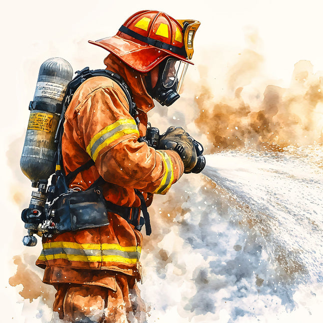 A digitally printed 100% cotton fabric panel featuring a firefighter in action with a hose and mask.