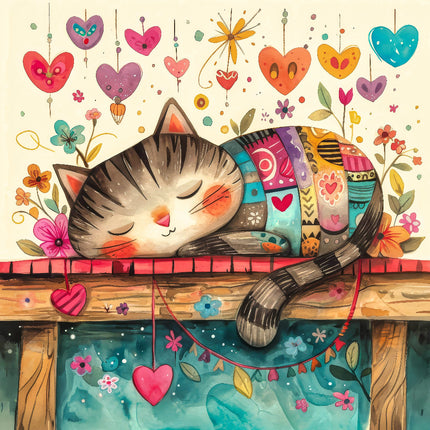 A colorful fabric panel featuring a whimsical design with a cat, hearts, and floral patterns on a cotton background.