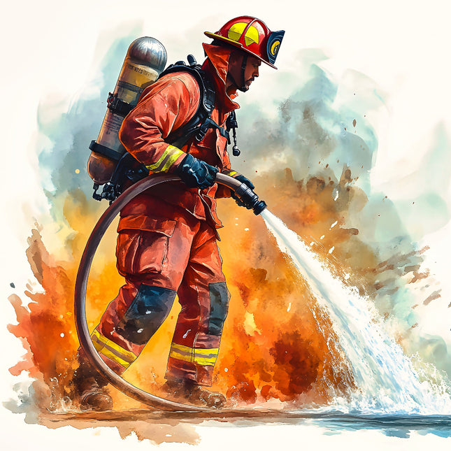 A digitally printed fabric panel featuring a firefighter in action with a hose and flames 