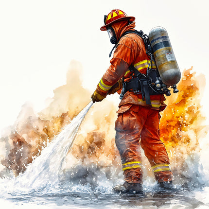 A digitally printed fabric panel featuring a firefighter