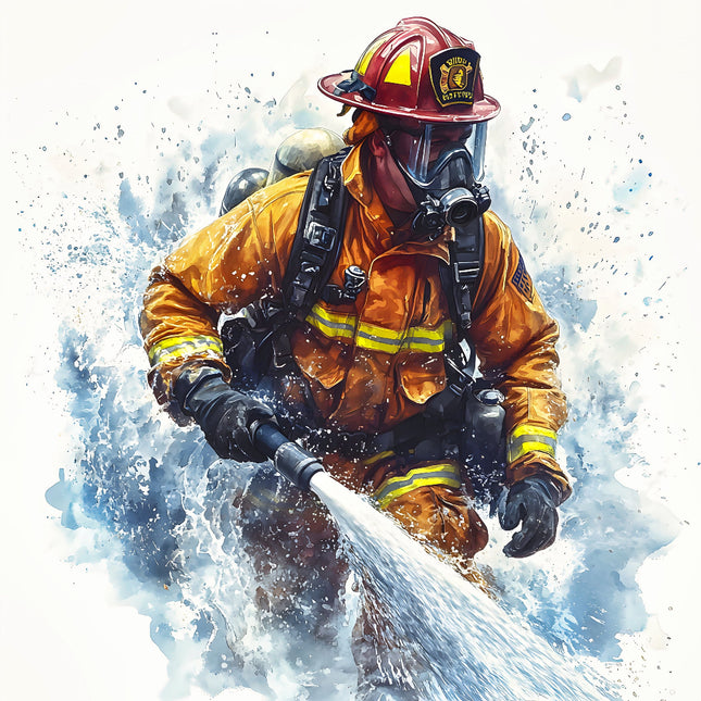 A digitally printed fabric panel featuring a firefighter in action with water and foam, predominantly in orange and white colors.