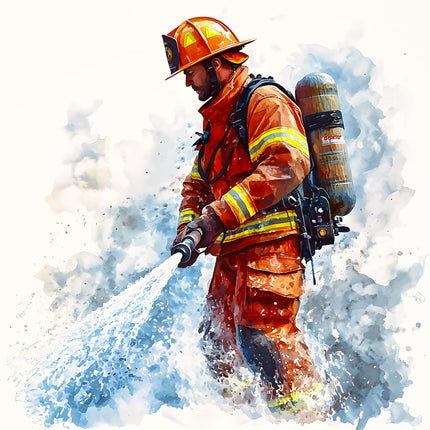 A digitally printed 100% cotton fabric panel featuring a firefighter character.