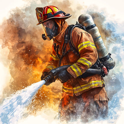 A digitally printed fabric panel featuring a firefighter character against a fiery background, using a hose to spray water.