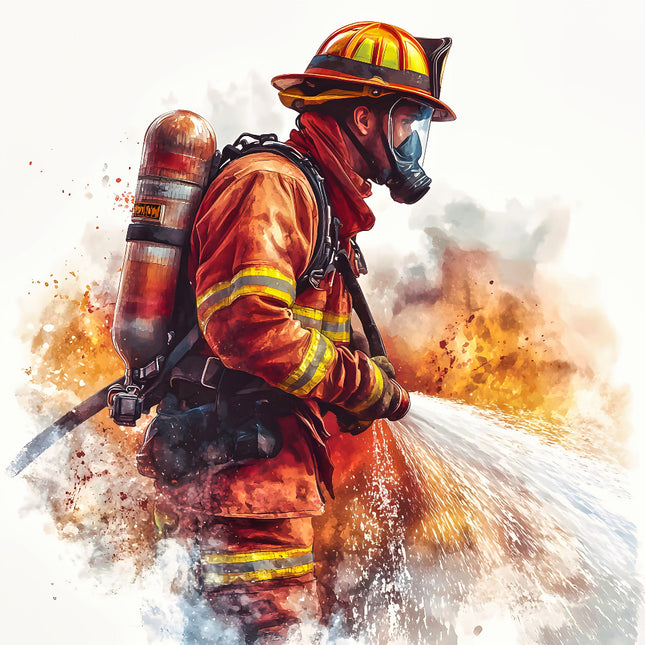 A digitally printed fabric panel featuring a firefighter figure in action with a hose and mask, with a vivid depiction of flames in the background.