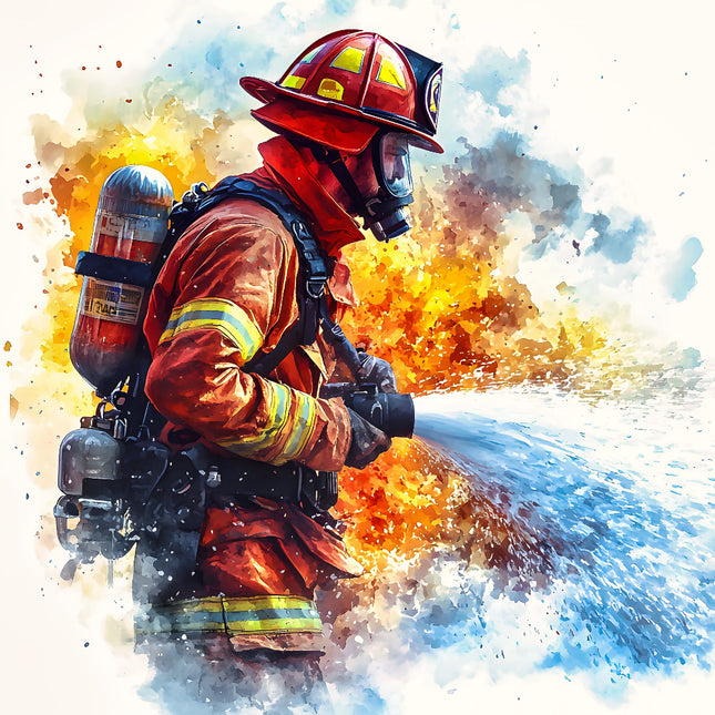 A digitally printed fabric panel featuring a firefighter figure in action against a backdrop of flames and smoke, with a burst of water being sprayed from a hose.