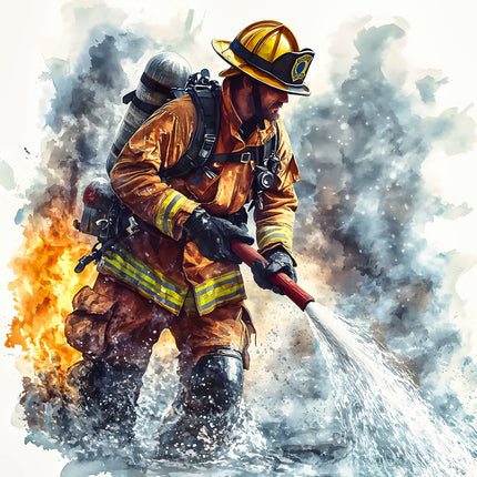 A digitally printed fabric panel featuring a firefighter figure in action with a hose, depicted with artistic license in a dynamic pose amidst flames and smoke.