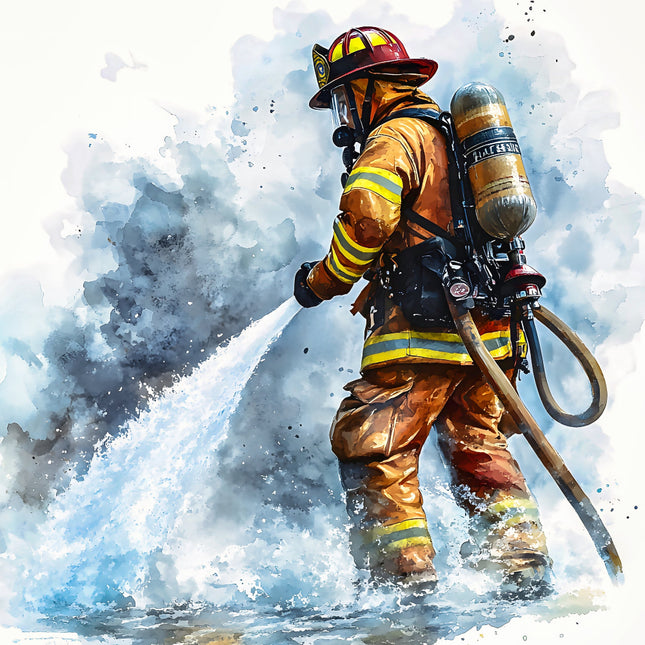 A digitally printed fabric panel featuring a firefighter figure in action with water and foam.
