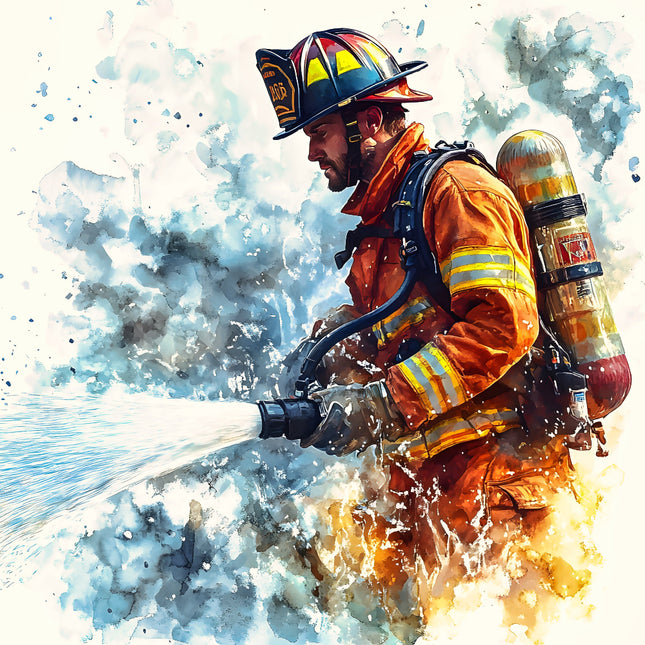 A digitally printed fabric panel featuring a firefighter in action with a water spray.