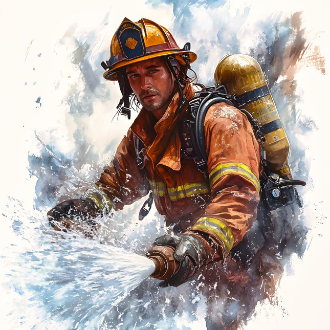 A digitally printed fabric panel featuring a firefighter in action with water and foam.