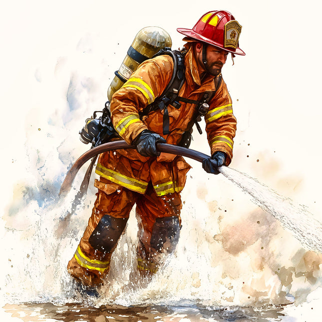 A digitally printed 100% cotton fabric panel featuring a firefighter
