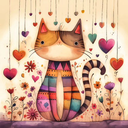 A colorful fabric panel featuring a whimsical cat