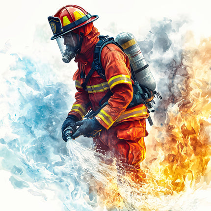 A digitally printed fabric panel featuring a firefighter in action amidst flames and smoke.