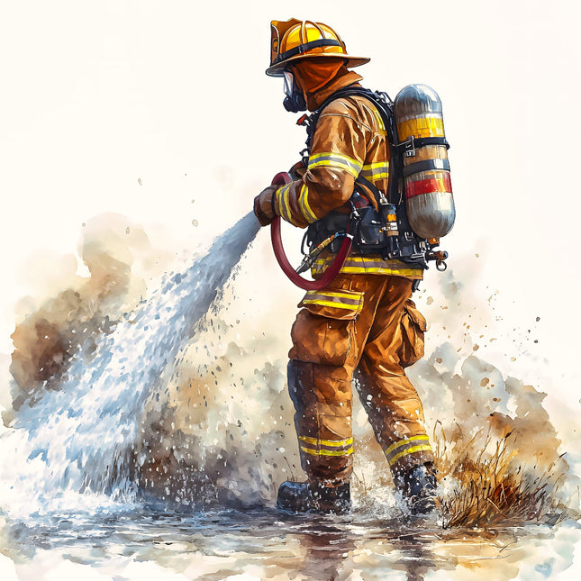 A digitally printed fabric panel featuring a firefighter 