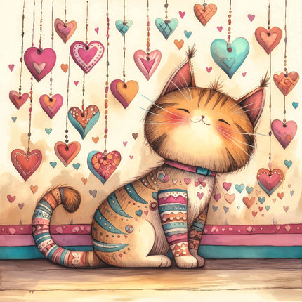 A colorful fabric panel featuring a whimsical design with a cat