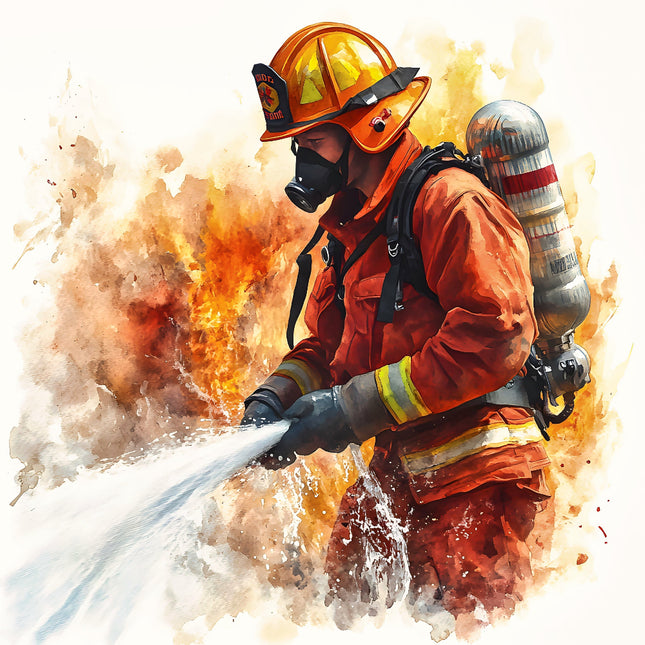 A digitally printed 100% cotton fabric panel featuring a firefighter figure in action with a hose, set against a fiery background.