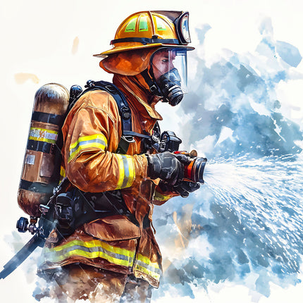 A digitally printed 100% cotton fabric panel featuring a firefighter character.
