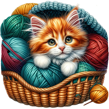 A fabric panel block featuring an image of a kitten sitting inside a basket filled with yarn in various colors.