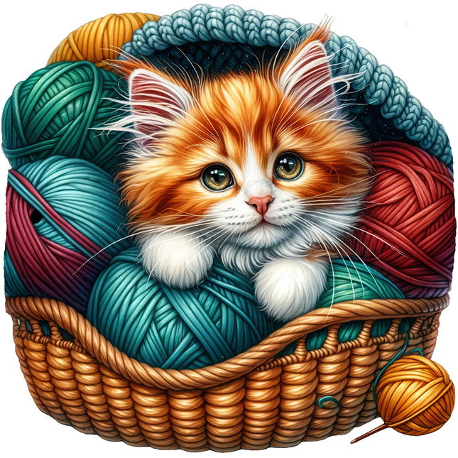 A fabric panel block featuring an image of a kitten sitting inside a basket filled with yarn in various colors.