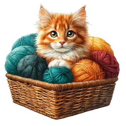 A fabric panel featuring a basket with yarn and a kitten.