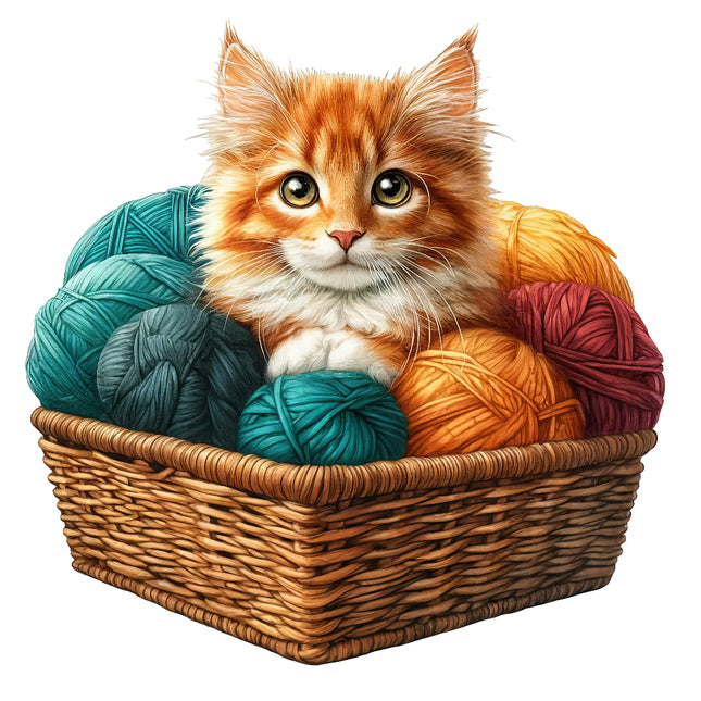 A fabric panel featuring a basket with yarn and a kitten.
