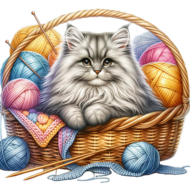 A fabric panel block featuring an image of a kitten sitting in a basket with yarns and knitting tools.