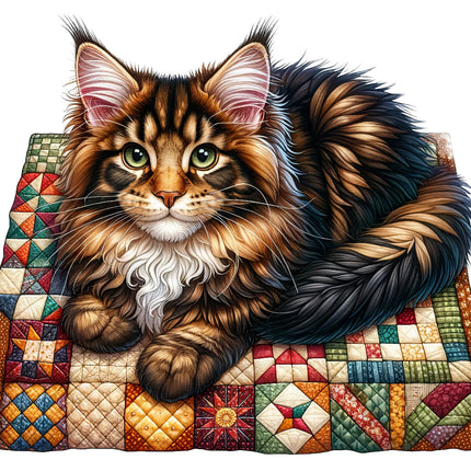 A digitally printed 100% cotton fabric panel featuring a realistic image of a cat with a quilt pattern in the background.