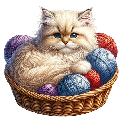 A digital image of a fabric panel block featuring a beige cat sitting in a basket with multicolored yarns.