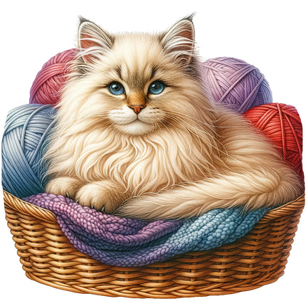 A digitally printed fabric panel featuring a beige cat sitting in a basket with yarns in various colors.