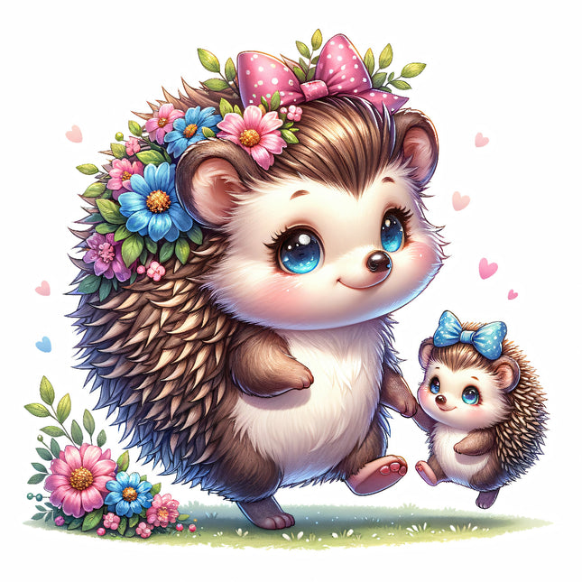 A digitally printed fabric panel featuring a cute hedgehog with a floral crown and a smaller hedgehog, with a color scheme suitable for children's quilting and sewing projects.