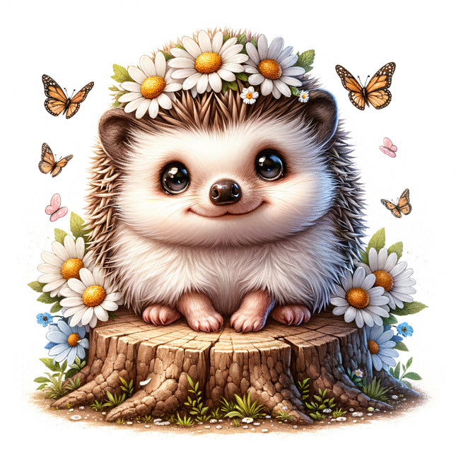 A digitally printed fabric panel featuring a cute hedgehog with flowers and butterflies on a stump.