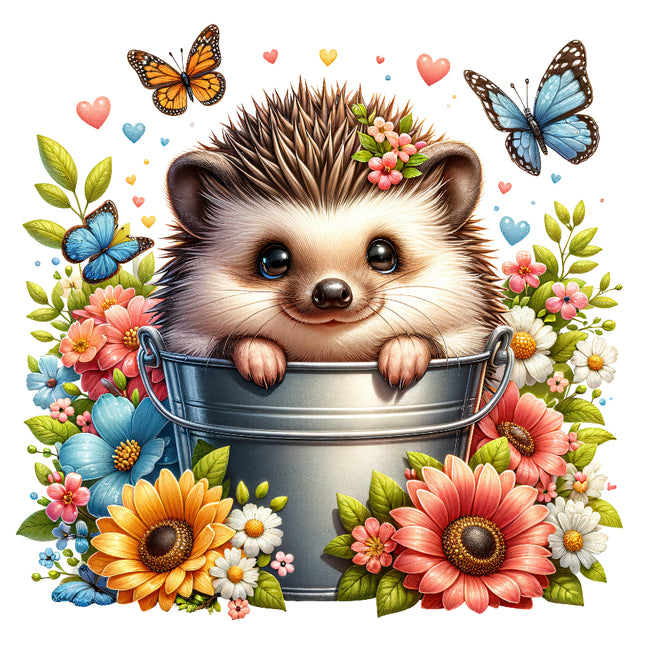 A digitally printed 100% cotton fabric panel featuring a cute hedgehog sitting in a bucket surrounded by colorful flowers and butterflies.