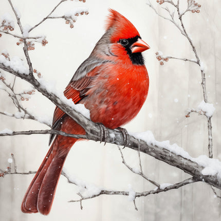 A digitally printed 100% cotton fabric panel featuring a red cardinal bird perched on a branch with snow and berries.
