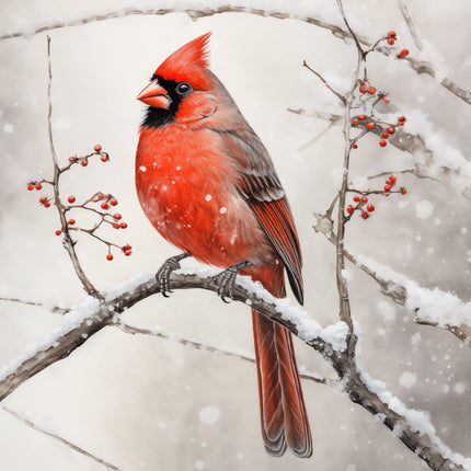A fabric panel featuring a red cardinal bird perched on a branch with snow and red berries in the background.