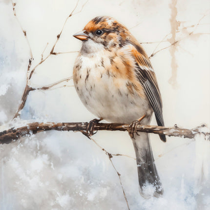 A digitally printed 100% cotton fabric panel featuring a sparrow perched on a branch with a wintry background.