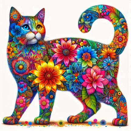 A colorful fabric panel featuring a floral cat design with vibrant flowers pattern on a white background.