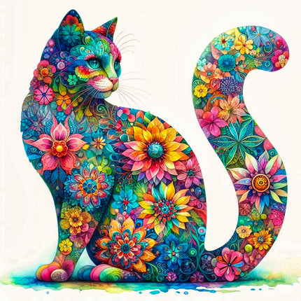 A colorful fabric panel featuring a floral cat design, with vibrant flowers in red, blue, yellow, and pink patterns