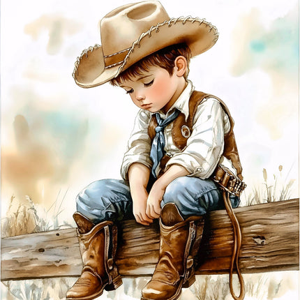 A fabric panel featuring a young child dressed as a cowboy, sitting on a fence.