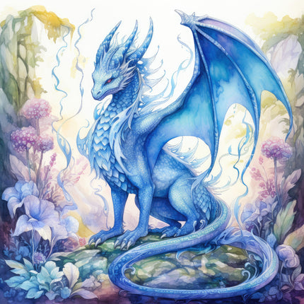 A digitally printed 100% cotton fabric panel featuring a blue dragon with flowers 