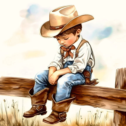 A fabric panel featuring a illustration of a young child dressed as a cowboy, sitting on a fence.