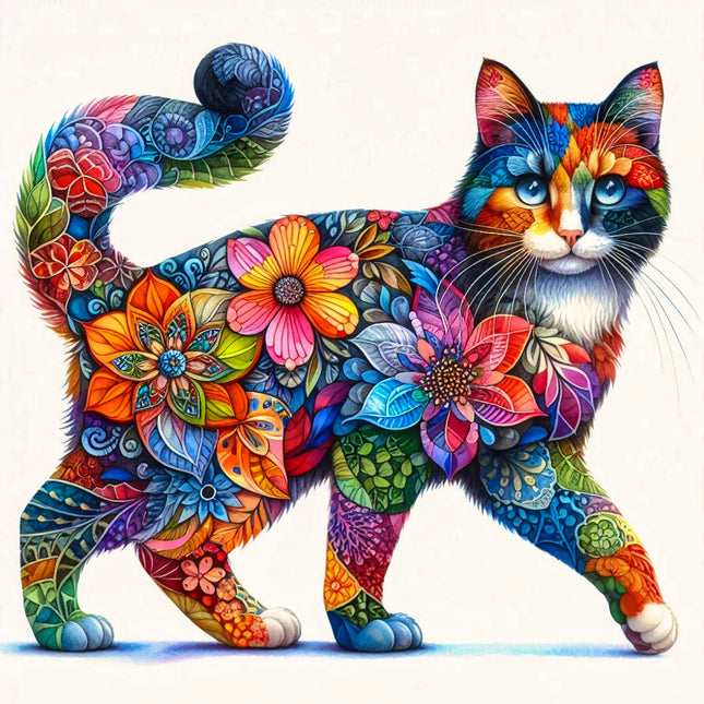 A colorful fabric panel featuring a floral pattern with a cat's silhouette.