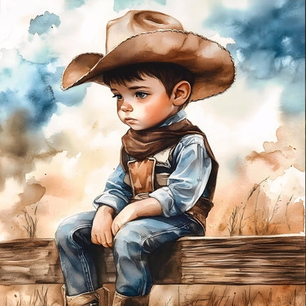 A fabric panel featuring a child dressed as a cowboy, with a wide-brimmed hat and a blue shirt, sitting on a fence.