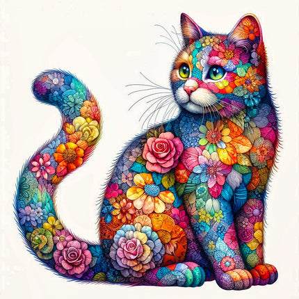 A colorful fabric panel featuring a floral cat