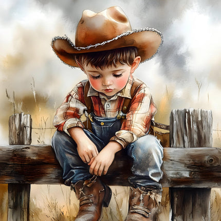 A fabric panel featuring a child dressed as a cowboy, sitting on a fence