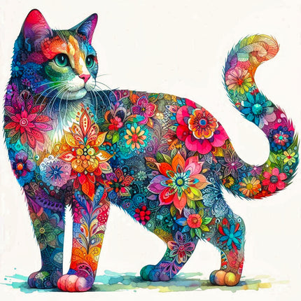 A colorful fabric panel featuring a floral cat design with a variety of flowers in different colors covering the cat's body.