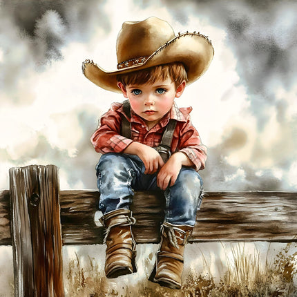 A fabric panel featuring a young child dressed as a cowboy, sitting on a fence, with a stormy sky in the background.