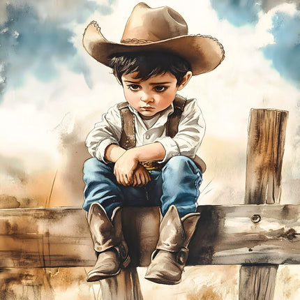 A fabric panel featuring a digitally printed image of a young child dressed as a cowboy, sitting on a fence.