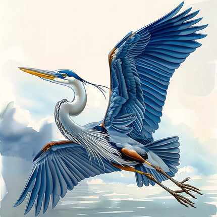 A digitally printed fabric panel featuring a blue heron bird in flight with wings extended.