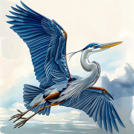 Blue heron in flight against a cloudy sky fabric panel