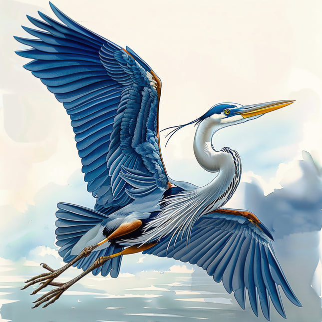 Blue heron in flight against a cloudy sky fabric panel