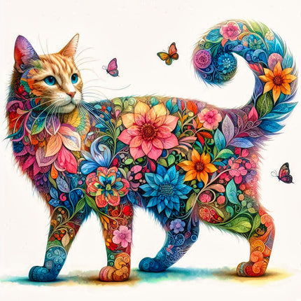 A colorful fabric panel featuring a floral cat design with vibrant flowers and butterflies.